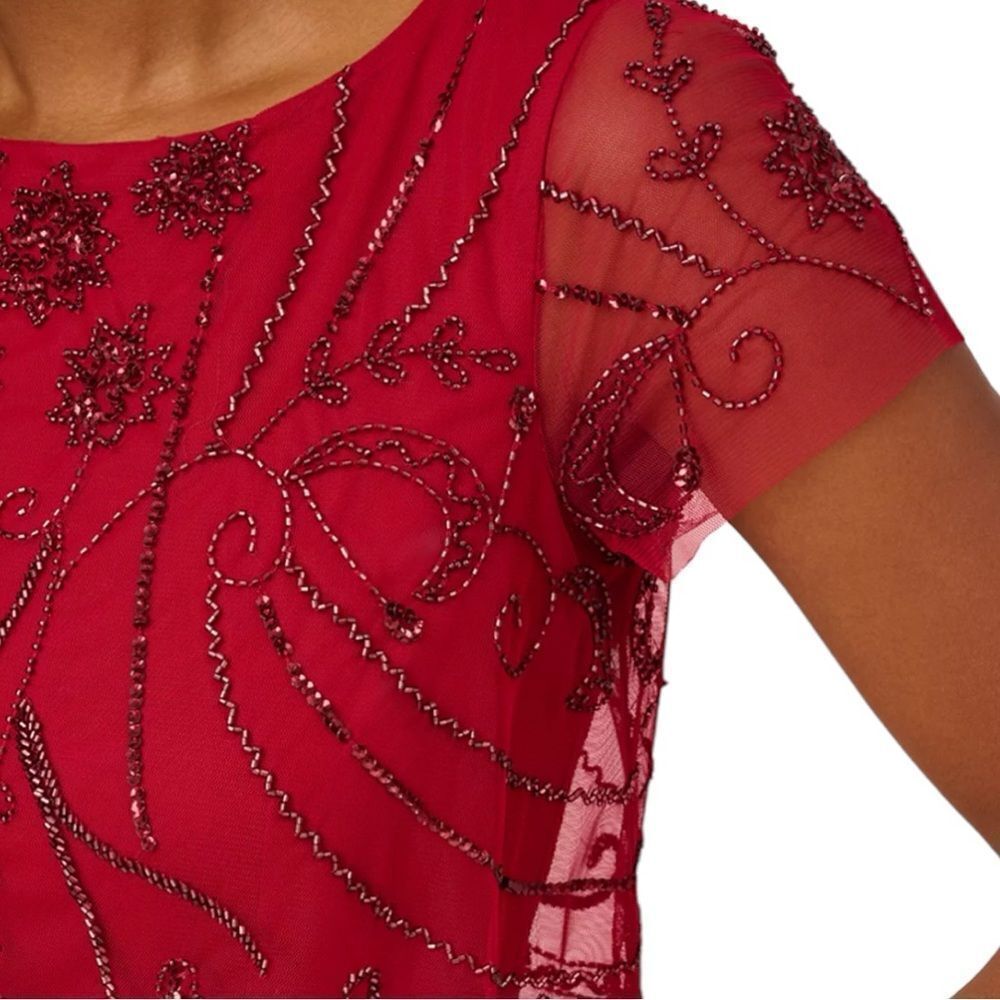 Adrianna Papell Beaded Scalloped-Popover Gown in the Size 16 in Cranberry Color - Picture 5 of 6
